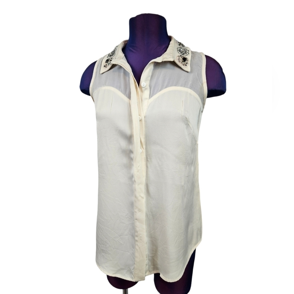 Milly 100% Silk Cream Sleeveless Blouse Jeweled‎ Collar Size 0 Women's D64